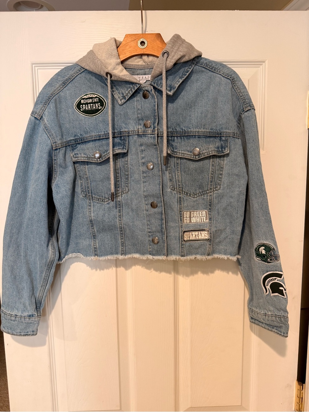 MSU cropped Denim Jacket with Gray Hood